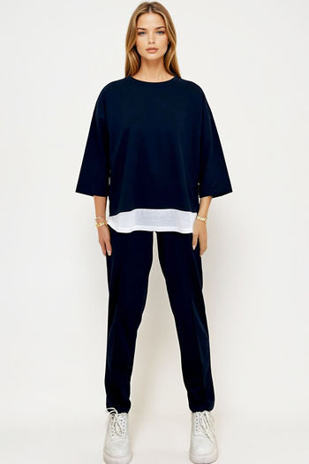 VAGGON Navy Blue Women's Blouse and Pants Set - Crew Neck, Double Pocket Prm0835