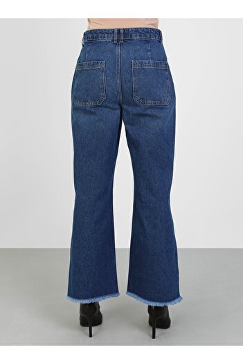 Refka Paçası Püskül Detaylı Denim Pantolon - Orta Mavi - Refka