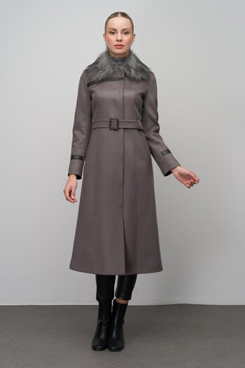 Olcay Gabardine Suede Cap with Removable Collar Fur and Embroidery - Gri 6646