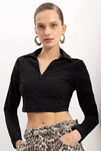 DeFacto Black Fitted Bodycon Shirt Collar Zipper Bengalin Long Sleeve Crop Basic Solid Blouse C5037Ax24Au