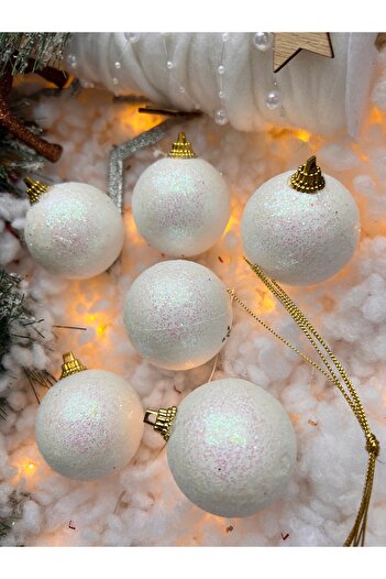 Derin Düşler Christmas Pine Tree Ornament White Ball Ornament Glitter White Cute Ball 5 cm 6 Pieces Christmas Ornament