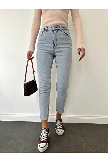 MAKRAS EXCLUSIVE A141810 Fit Yüksek Bel Yırtık Detaylı Uzun Boy Jean Pantolon Mom Jeans Dar Paça Kot