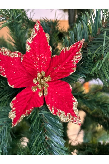 Partifabrik Christmas Tree Red Velvet Silvery Color Luxury Flower Ornament 15 cm 1 Piece - Christmas Ornament