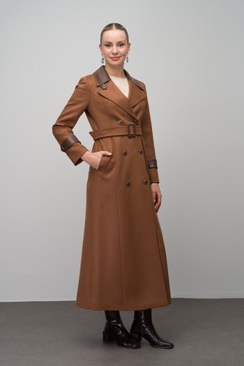 Olcay Δερμάτινο παλτό Gabardine Suede Look με διπλό στήθος - TABA 6647