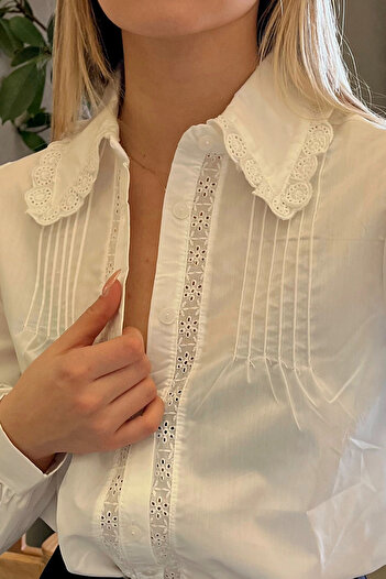 VAGGON White Scalloped Ribbed Cotton Shirt - Women's Esq7628