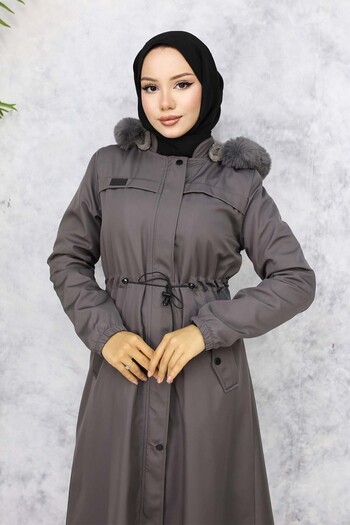benguen 1053 Model - Anthracite Plush Inner Surface and Fur Collar Bondit Coat