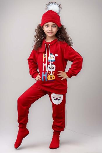 Riccotarz Girls Boys Red Tracksuit Set with Snowman and Text Printed Beret New Year