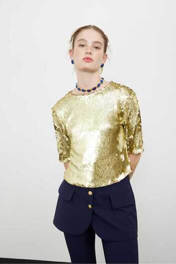 Roman Kısa Kol Payetli Bluz Gold K2413034_076