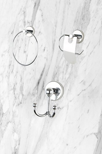 Aktel Banyo Chrome Set of 3 Circular Towel Holder/Narrow Cover Toilet Roll Holder Wc/Fork Hanger