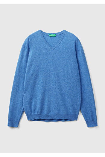 United Colors of Benetton Pulover albastru pentru bărbați, 100% merinos, cu decolteu în V