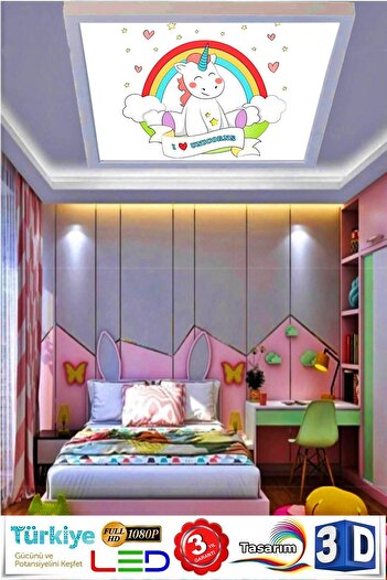 Gökyüzü Panel Unicorn Bebek Odası Avize Kare Beyaz Çerçeve,60watt Beyaz Işık, Çocuk Led Aydınlatma,