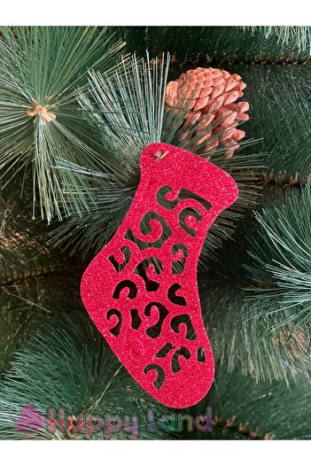 Happyland New Year's Red Glitter Pine Tree Ornament Socks - 6 Pieces 10 cm