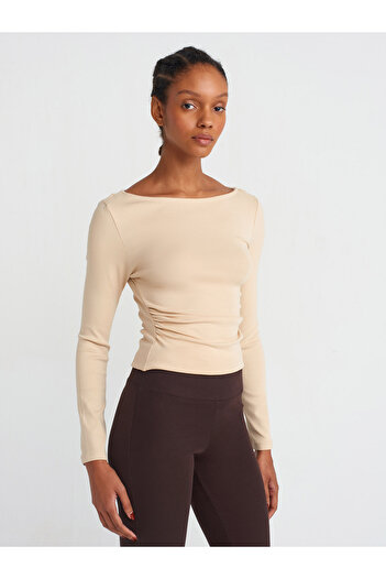 Dilvin 31401 Μπεζ Boat Neck Ball-Light Gathered