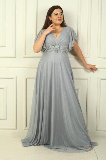 By Saygı Women's Front Back V Neck Waist Stone Embroidered Lined Silvery Plus Size Evening Dress