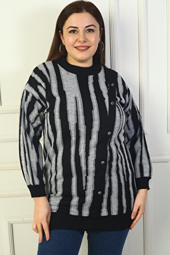 By Saygı Women's Buttoned Front Detailed Glittery Neck Striped Large Size Knitwear Tunic Sweater