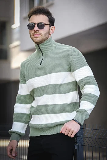 Oksit Bertrand Stand Collar Zippered Striped Cotton Thick Men's Sweater