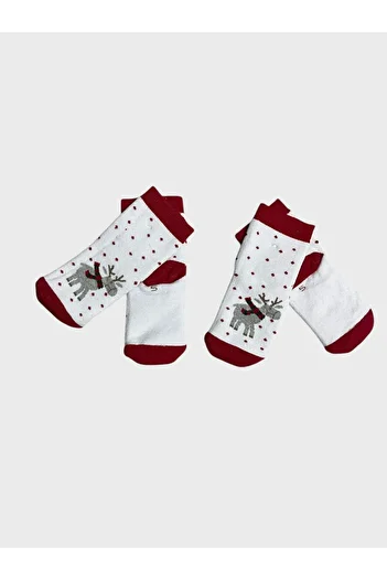 ALİŞ KİDS Children's Red and White Deer Patterned New Year's Themed Washed Perfumed 2-Piece Towel Socks