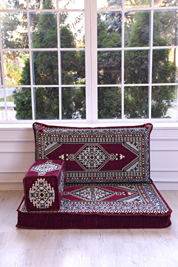 BAKIRÖZÜ HOME Şark Köşesi Takımı , 95 Cm Yer Minderi Takımı Bordo Yahyalı Modeli (3 Parça)