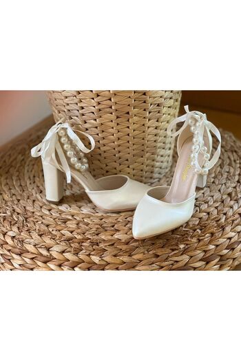 İlkinin Pabuçları Pearl Ankle Detailed Wedding Shoes, Mother of Pearl Ecru Shoes, 9cm Thick Heels Comfortable Bridal Shoes