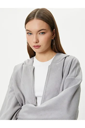 Koton Hooded Shirt Oversize Zippered Pocket Detailed Suede Look