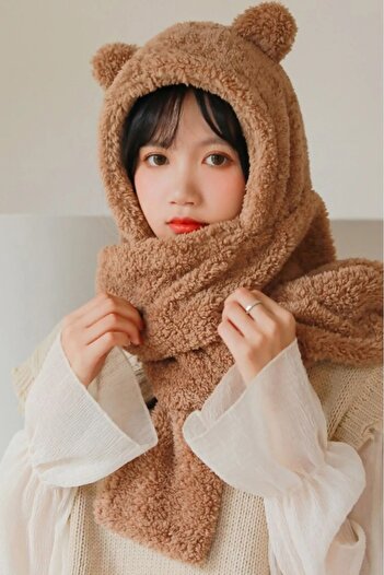 İpek Tekstil Winter Bear Hat Kerchief Versatile Cute Plush Ear Protection Scarf