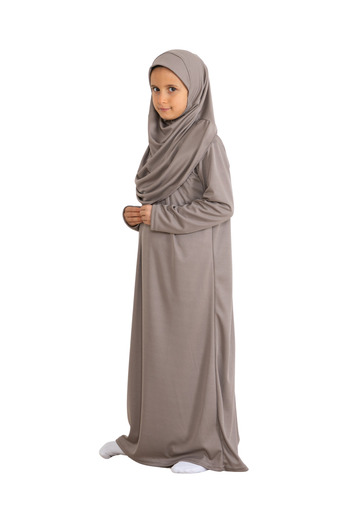 Modish Group Two Pieces Kids Prayer Dress Set Suit with Scarf, Islamic Clothing Suit for Girls - Dark Mink