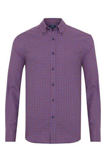 Germirli Albini Burgundy Blue Potikare Flannel Buttoned Collar Tailor Fit Cotton Shirt