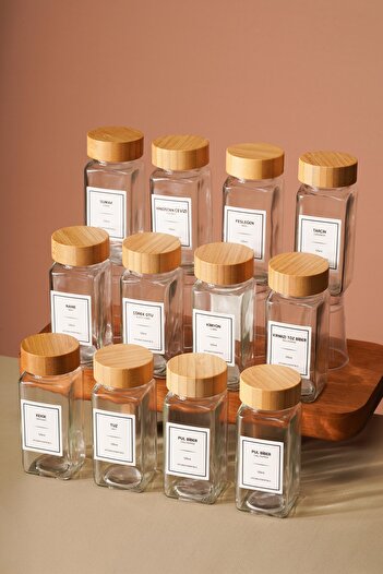Fhilli Tokyo - Tohana 12-Piece Glass Square Spice Rack with Bamboo Lid 125 ml with Sticker Gift