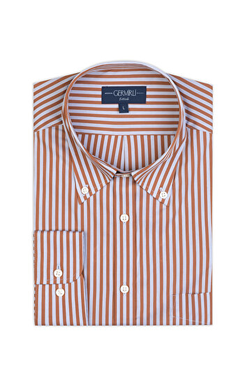 Germirli Tile Grey Striped Vintage Button Lapel Pocket Tailor Fit Cotton Elastane Shirt