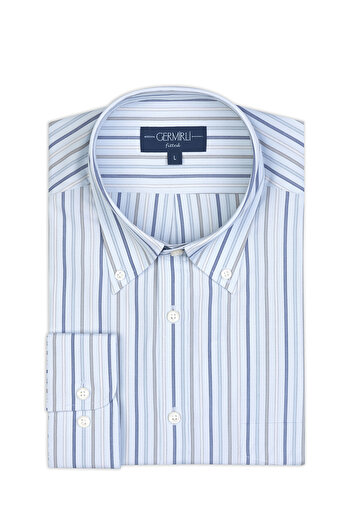 Germirli Blue Navy Blue Striped Buttoned Collar Pocket Tailor Fit Cotton Shirt