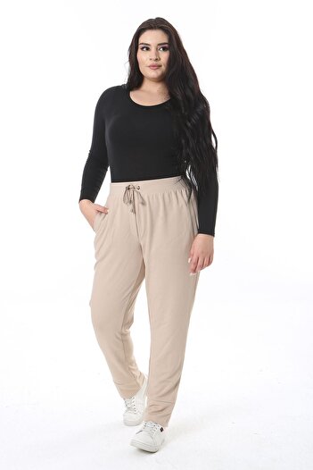 Şans Beige Large Size Eyelet Detailed Trousers with Leg Bands 65N38504