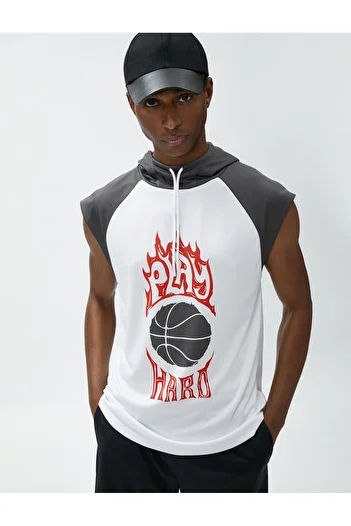 Koton Athlete Tank Top with Hooded Graffiti Printed Raglan Sleeve Detail