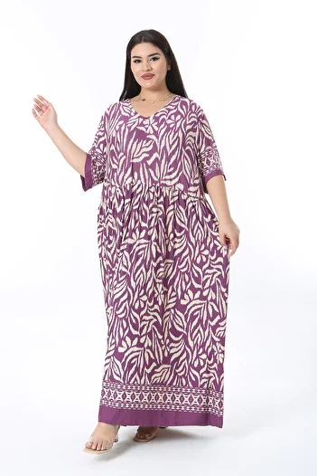 Şans Women's Plus Size Purple V-Neck Waist Drawstring Relaxed Fit Dress 65N38486
