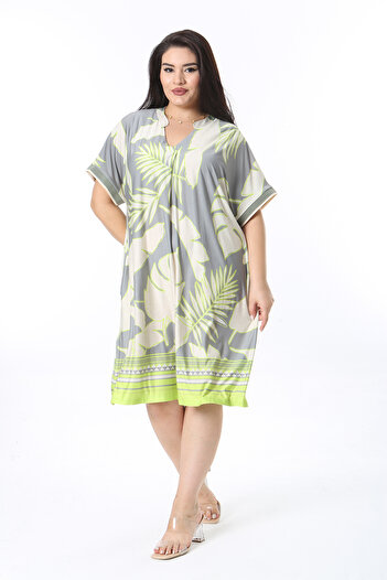 Şans Women's Plus Size Green Chest Pleated Low Sleeve Dress 65N38482