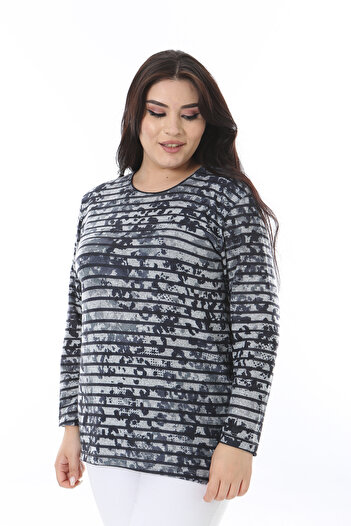 Şans Women's Plus Size Colorful Crew Neck Long Sleeve Print Blouse 65N38637