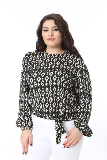 Şans Women's Plus Size Black Waist Belt Tie Print Blouse 65N38705