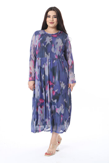 Şans Women's Plus Size Color Waist Gathered Lined Tulle Dress 65N38577