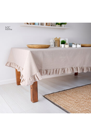 NDC HOME Beige Linen Ruffle Tablecloth