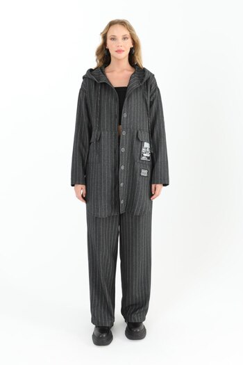 Puane Anthracite Cap 10551 - Women's Striped Hooded and Pocket Detailed Buttoned Coat