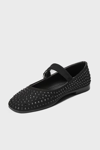 Nstil Daily Women's Black Ballerinas Adjustable Buckle Single Band Short Heel Blunt Toe Stone Shoes 287
