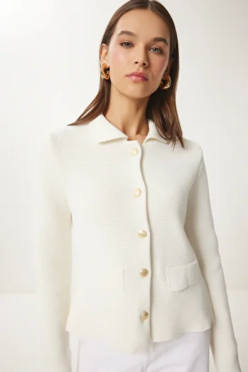 Lovelyİstanbul Stylish Polo Neck Knitwear Cardigan - Button, Ecru Lus0051