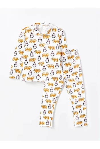 LC Waikiki Lcw Kids Ecru Polo Neck Printed Boys' Pajamas Set