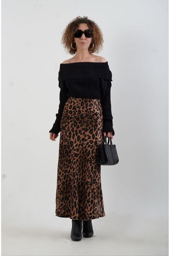 Zelish My Sister Fusta din satin cu model leopard maro