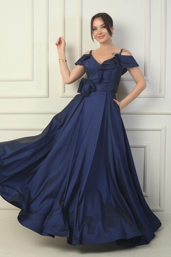 By Saygı Women's Rope Strap Boat Neck Rose Detailed Lined Long Taffeta Evening Dress with Pockets