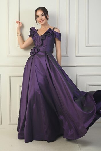 By Saygı Women's Rope Strap Boat Neck Rose Detailed Lined Long Taffeta Evening Dress with Pockets