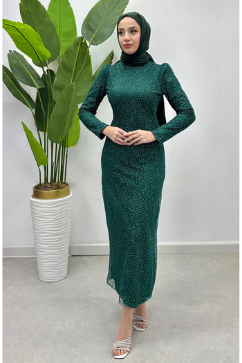 sefamerve Βραδινό φόρεμα από τούλι Emerald Green Glitter - 5517-03