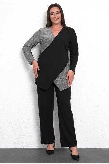 FOR ESRA BIG TREND Women's Plus Size Double Breasted Cross Silver Glitter Detail High Waist Elastic Pocket Pants Stretchy 2-Piece Set