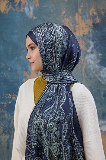 İpekhan Gece Mavi Hint Vual Şal - 5008-04
