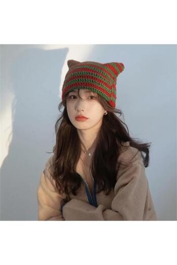 Karakedi New Red Green Striped Knitted Beanie with Horn Detail