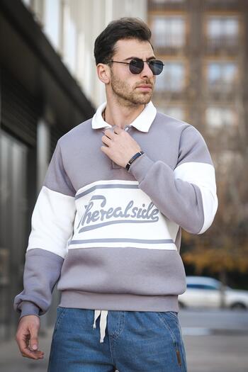 Oksit Real Side Printed Three Thread Raster Slim Fit Polo Neck Men's Sweatshirt
